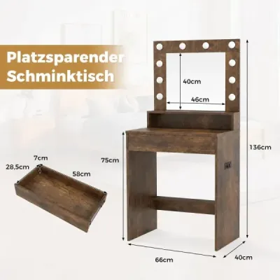 Toaletní stolek s LED osvětlením, nastavitelný jas, toaletní stolek se zrcadlem, rustikálně hnědý