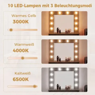 Toaletní stolek s LED osvětlením, nastavitelný jas, toaletní stolek se zrcadlem, rustikálně hnědý