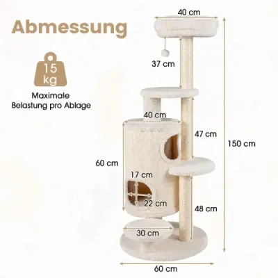 Škrabadlo pro kočky vysoké 150 cm, 6 úrovní, 2 kočičí jeskyně a sisalové škrabadlo, bílé