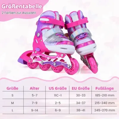 Dětské inline brusle, 4 velikosti, nastavitelné, s světelnými kolečky, růžové, velikost S