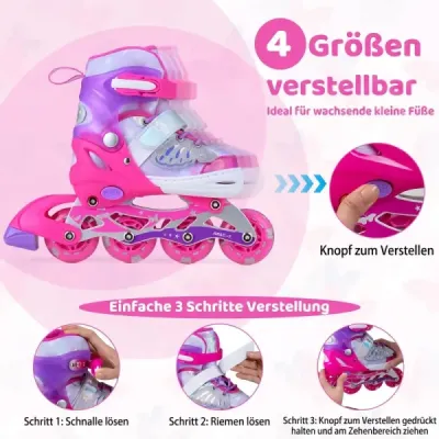 Dětské inline brusle, 4 velikosti, nastavitelné, s světelnými kolečky, růžové, velikost S