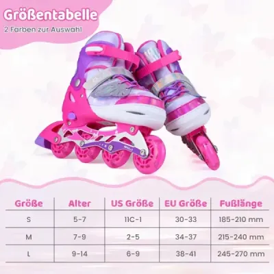 Dětské inline brusle, 4 velikosti, nastavitelné, s světelnými kolečky, růžové, velikost L