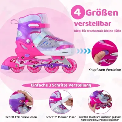 Dětské inline brusle, 4 velikosti, nastavitelné, s světelnými kolečky, růžové, velikost L