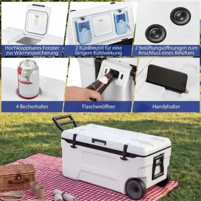 Chladicí box 70 l Velký plastový termobox s kolečky a rukojetí Izolační box s odtokovou zátkou, bílý