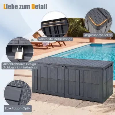 Odolný box na matrace 680 l – venkovní úložný box s uzamykatelným víkem a plynovými vzpěrami, šedý
