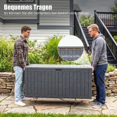 Odolný box na matrace 680 l – venkovní úložný box s uzamykatelným víkem a plynovými vzpěrami, šedý