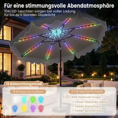 Slunečník 270 cm s LED solárním osvětlením, větruodolný tržní slunečník s 8 žebry, šedý