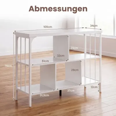 Knihovna – 3patrová stojací policová skříň s 5 otevřenými přihrádkami a bočními výztužnými tyčemi, 109 x 34 x 76 cm, bílá