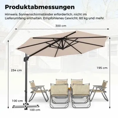Slunečník ve tvaru semaforu, průměr 300 cm, sklopný, otočný o 360°, s klikou a nožním pedálem, béžový