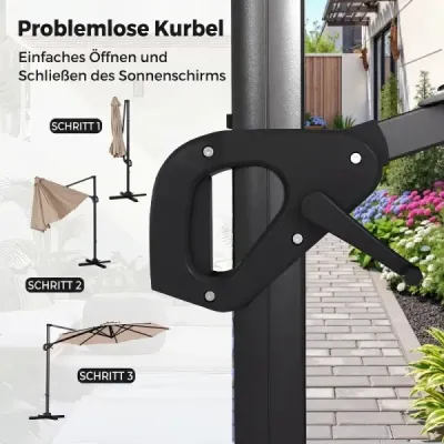 Slunečník ve tvaru semaforu, průměr 300 cm, sklopný, otočný o 360°, s klikou a nožním pedálem, béžový