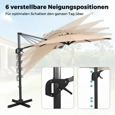 Slunečník ve tvaru semaforu, průměr 300 cm, sklopný, otočný o 360°, s klikou a nožním pedálem, béžový