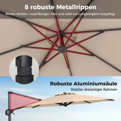 Slunečník ve tvaru semaforu, průměr 300 cm, sklopný, otočný o 360°, s klikou a nožním pedálem, béžový