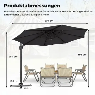 Slunečník ve tvaru semaforu, průměr 300 cm, sklopný, otočný o 360°, s klikou a nožním pedálem, šedý