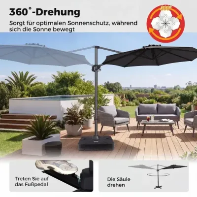Slunečník ve tvaru semaforu, průměr 300 cm, sklopný, otočný o 360°, s klikou a nožním pedálem, šedý