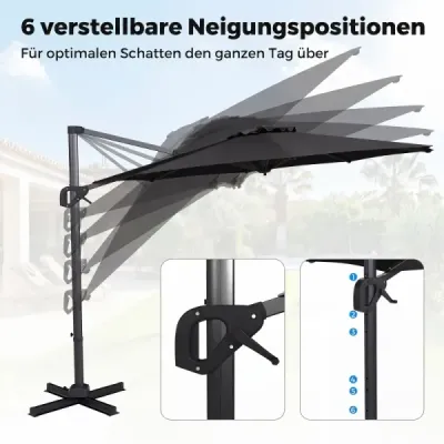 Slunečník ve tvaru semaforu, průměr 300 cm, sklopný, otočný o 360°, s klikou a nožním pedálem, šedý