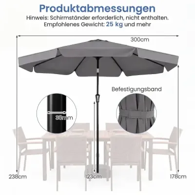 300cm sklopný zahradní slunečník s pevnou kovovou tyčí, 8 žeber, ovládání klikou, šedý