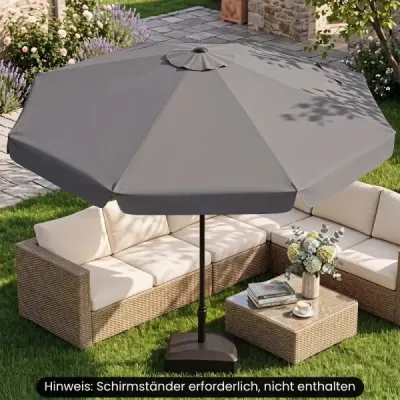 300cm sklopný zahradní slunečník s pevnou kovovou tyčí, 8 žeber, ovládání klikou, šedý