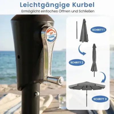 300cm sklopný zahradní slunečník s pevnou kovovou tyčí, 8 žeber, ovládání klikou, šedý