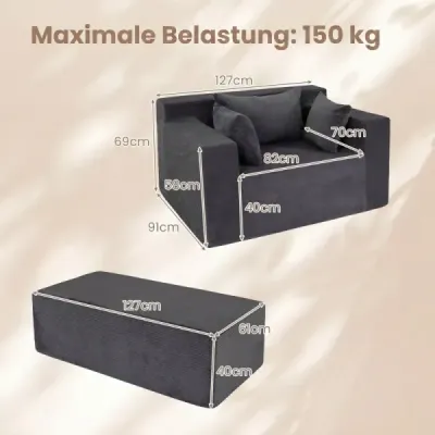 Podlahová pohovka z manšestru se sedacím pufem – modulární rozkládací pohovka se 3 polštáři, nosnost až 150 kg, šedá