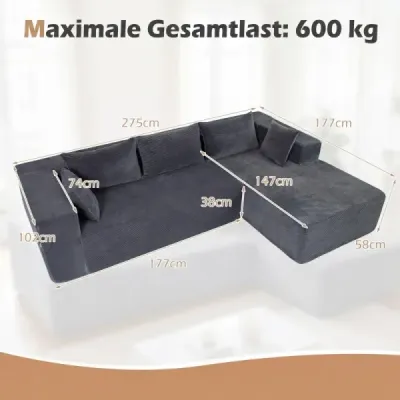 Modulární pohovka ve tvaru L pro 4 osoby s lehátkem, nosnost až 600 kg, rozměry 275 x 177 x 58 cm, šedá