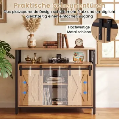 Dřevěná komoda s kovovým rámem, 2 posuvnými dvířky a 3 nastavitelnými policemi, 100 x 33 x 80 cm, přírodní