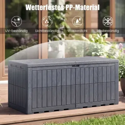 Odolný box na matrace 680 l – venkovní úložný box s uzamykatelným víkem a plynovými vzpěrami, šedý