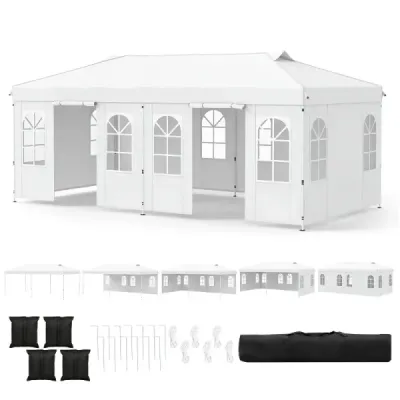 Pavilon 3 x 6 m, skládací párty stan s nastavitelnou výškou, se 6 bočními stěnami a okny, bílý