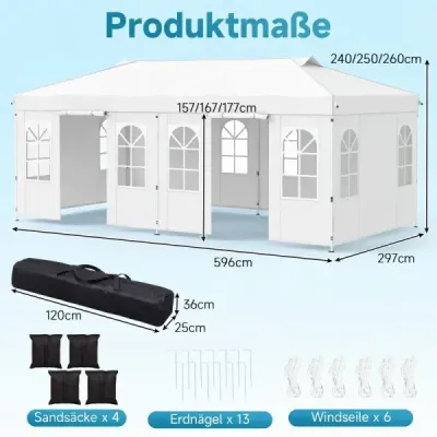 Pavilon 3 x 6 m, skládací párty stan s nastavitelnou výškou, se 6 bočními stěnami a okny, bílý