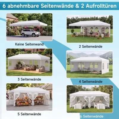 Pavilon 3 x 6 m, skládací párty stan s nastavitelnou výškou, se 6 bočními stěnami a okny, bílý