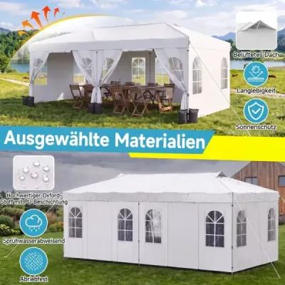 Pavilon 3 x 6 m, skládací párty stan s nastavitelnou výškou, se 6 bočními stěnami a okny, bílý
