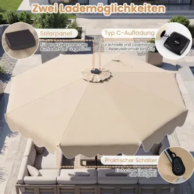 Slunečník 270 cm s LED solárním osvětlením, větruodolný tržní slunečník s 8 žebry, béžový