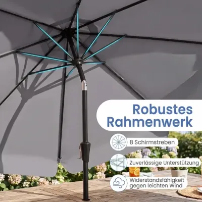 300cm sklopný zahradní slunečník s pevnou kovovou tyčí, 8 žeber, ovládání klikou, šedý