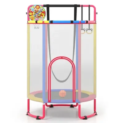 Dětská trampolína 6 v 1 s bezpečnostní sítí a žárově pozinkovaným kovovým rámem, 140 x 140 x 214 cm, barevná