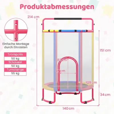 Dětská trampolína 6 v 1 s bezpečnostní sítí a žárově pozinkovaným kovovým rámem, 140 x 140 x 214 cm, barevná
