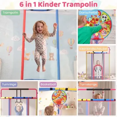 Dětská trampolína 6 v 1 s bezpečnostní sítí a žárově pozinkovaným kovovým rámem, 140 x 140 x 214 cm, barevná