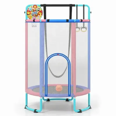 Dětská trampolína 6 v 1 s bezpečnostní sítí a žárově pozinkovaným kovovým rámem, 140 x 140 x 214 cm, modrá