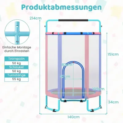 Dětská trampolína 6 v 1 s bezpečnostní sítí a žárově pozinkovaným kovovým rámem, 140 x 140 x 214 cm, modrá