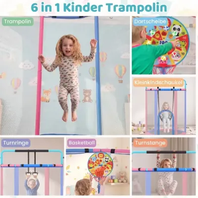 Dětská trampolína 6 v 1 s bezpečnostní sítí a žárově pozinkovaným kovovým rámem, 140 x 140 x 214 cm, modrá