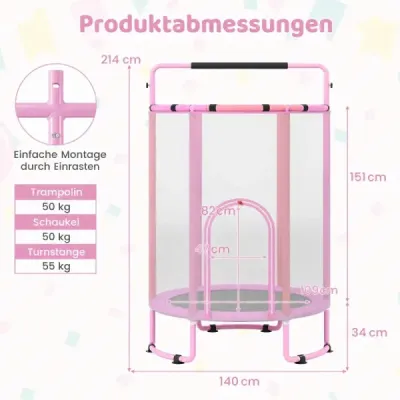 Dětská trampolína 6 v 1 s bezpečnostní sítí a žárově pozinkovaným kovovým rámem, 140 x 140 x 214 cm, fialová