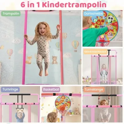Dětská trampolína 6 v 1 s bezpečnostní sítí a žárově pozinkovaným kovovým rámem, 140 x 140 x 214 cm, fialová