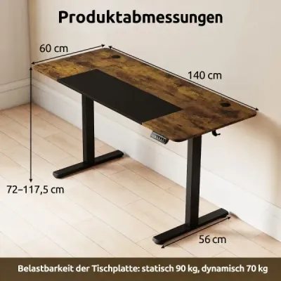 Elektricky výškově nastavitelný psací stůl s LED ovládacím panelem a kovovým rámem ve tvaru T, 140 x 60 cm, rustikální hnědá barva