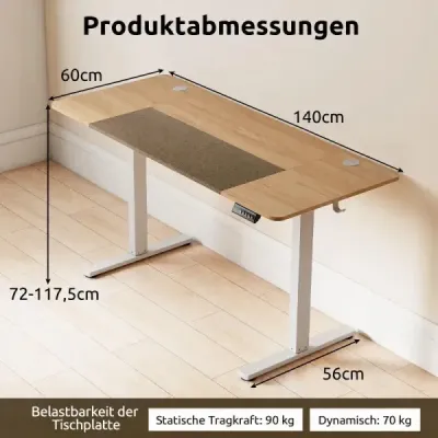 Elektricky výškově nastavitelný psací stůl s LED ovládacím panelem a kovovým rámem ve tvaru T, 140 x 60 cm, přírodní