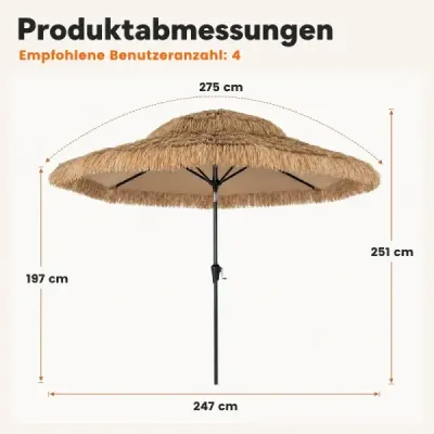 Slunečník Hawaii, průměr 275 cm, zahradní slunečník s možností naklonění o 30°, s klikou a 8 pevnými kovovými žebry