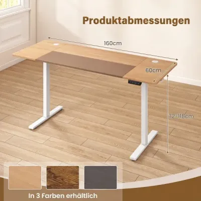 Elektricky výškově nastavitelný psací stůl se stabilní kovovou konstrukcí, 160 x 60 cm, přírodní