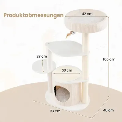 105 cm škrabadlo se sisalovými sloupky – malé škrabadlo s domečkem a pelíškem pro kočky, bílé