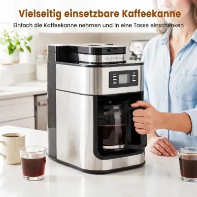 Filtrůvka se skleněnou konvicí na 8 šálků – kompaktní kávovar s funkcí mletí a vaření kávy