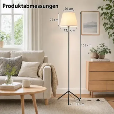 Moderní stojací lampa s látkovým stínidlem, patice E 27, s kovovým třínohým podstavcem a nožním spínačem