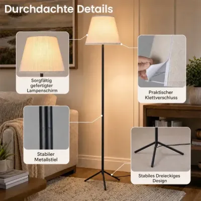Moderní stojací lampa s látkovým stínidlem, patice E 27, s kovovým třínohým podstavcem a nožním spínačem