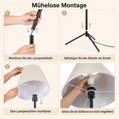 Moderní stojací lampa s látkovým stínidlem, patice E 27, s kovovým třínohým podstavcem a nožním spínačem
