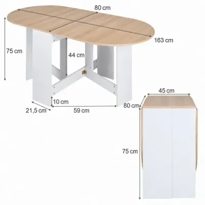 Skládací kulatý balkonový stůl, skládací zahradní stůl pro 4 až 7 osob, 163 x 80 x 75 cm, bílý